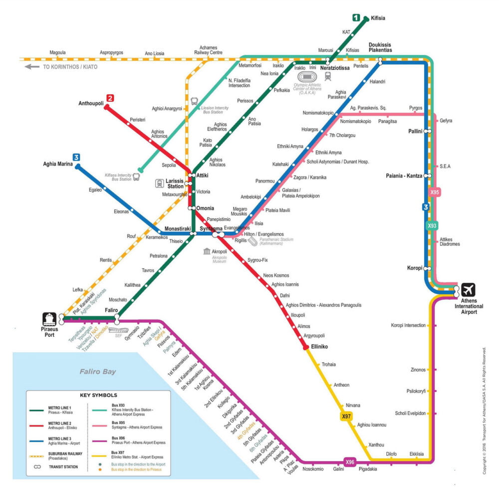 map of lines 1, 2 and 3 of athens metro