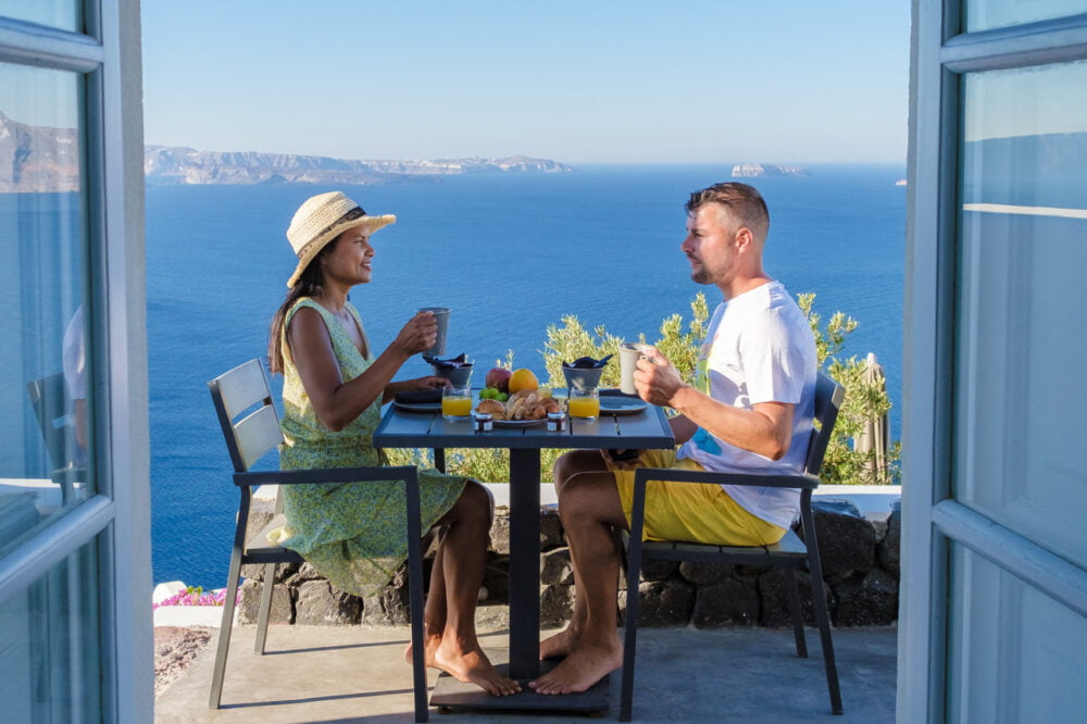 tourists eating in greece