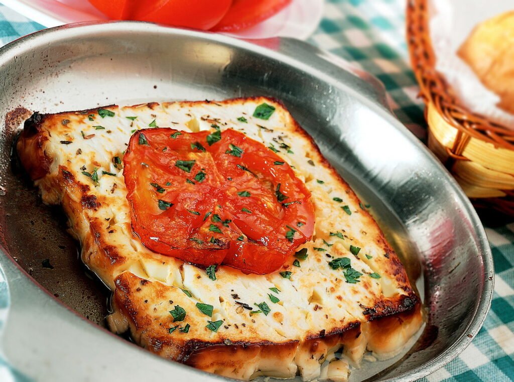 saganaki with feta cheese, a traditional greek meze