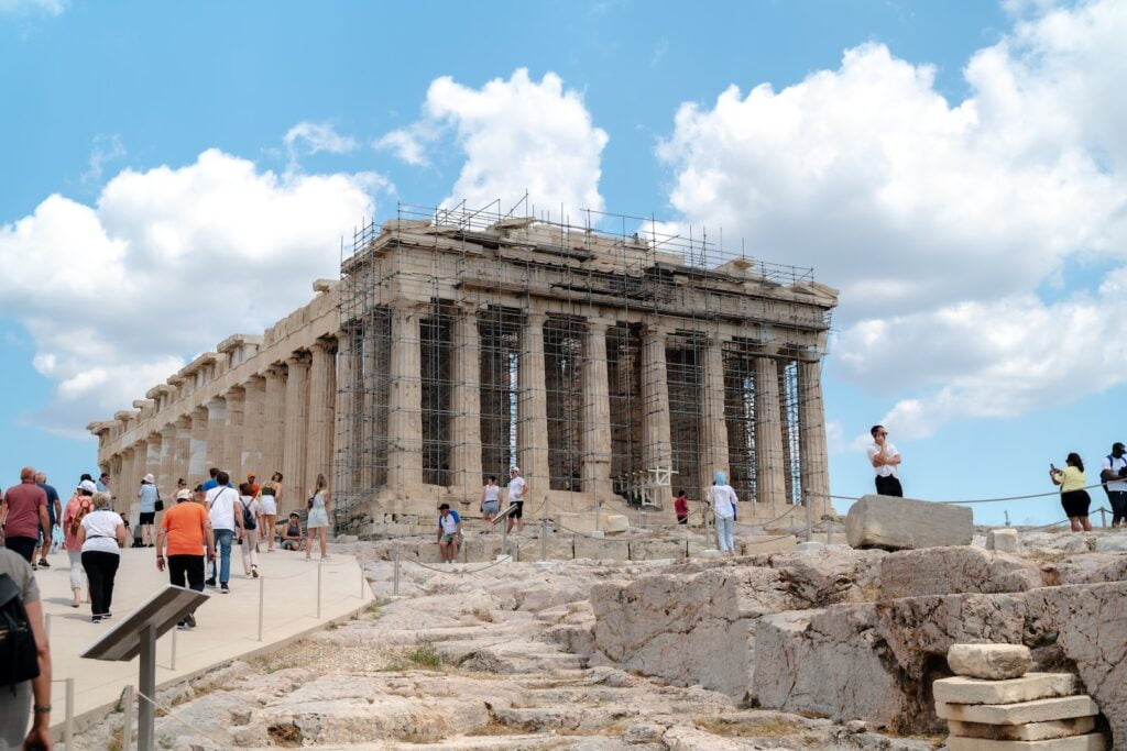 tourists walking on the pathways built after the recent restoration of the acropolis