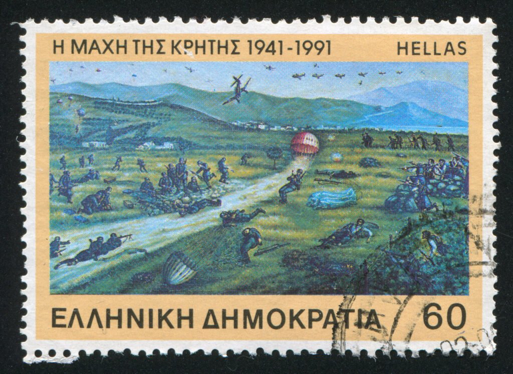 stamp with image of battle of crete