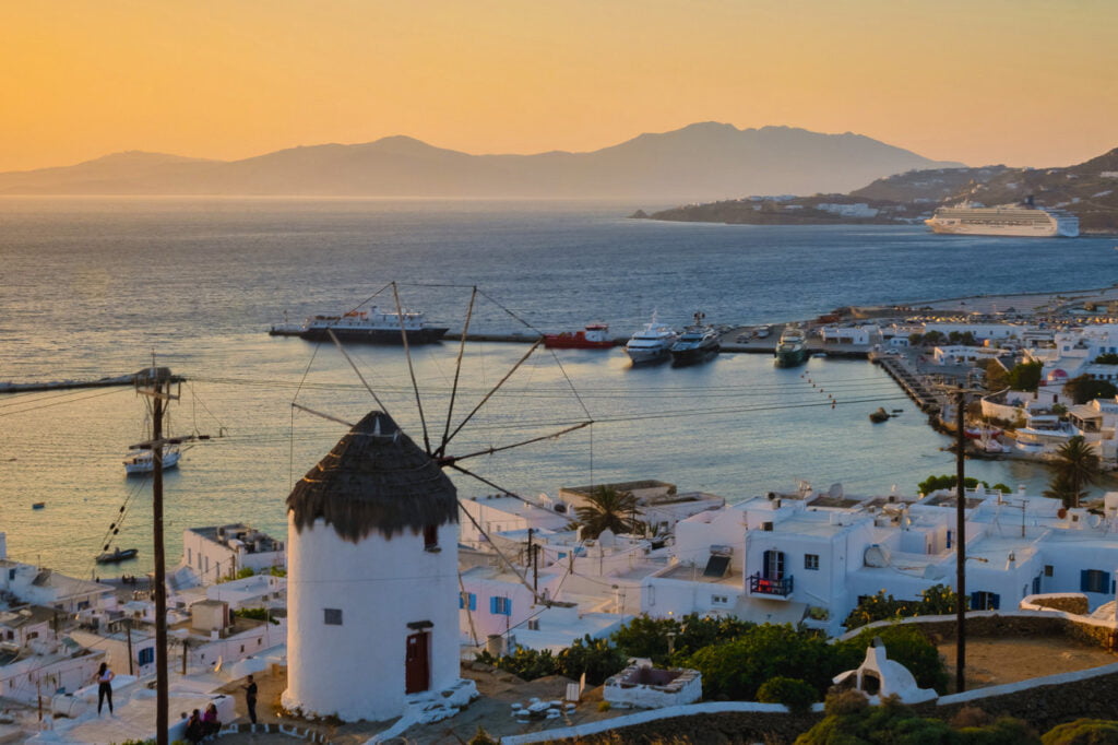 mykonos port at sunset